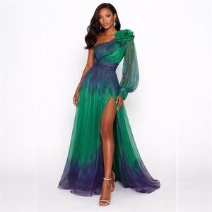 Women One Shoulder Maxi Dress S Green Purple Ombre Fairy‎ Ethereal Romantic Prom